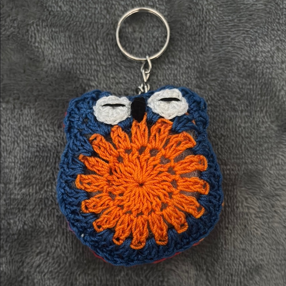 Handmade Crochet Owl Keychain in Blue and Orange